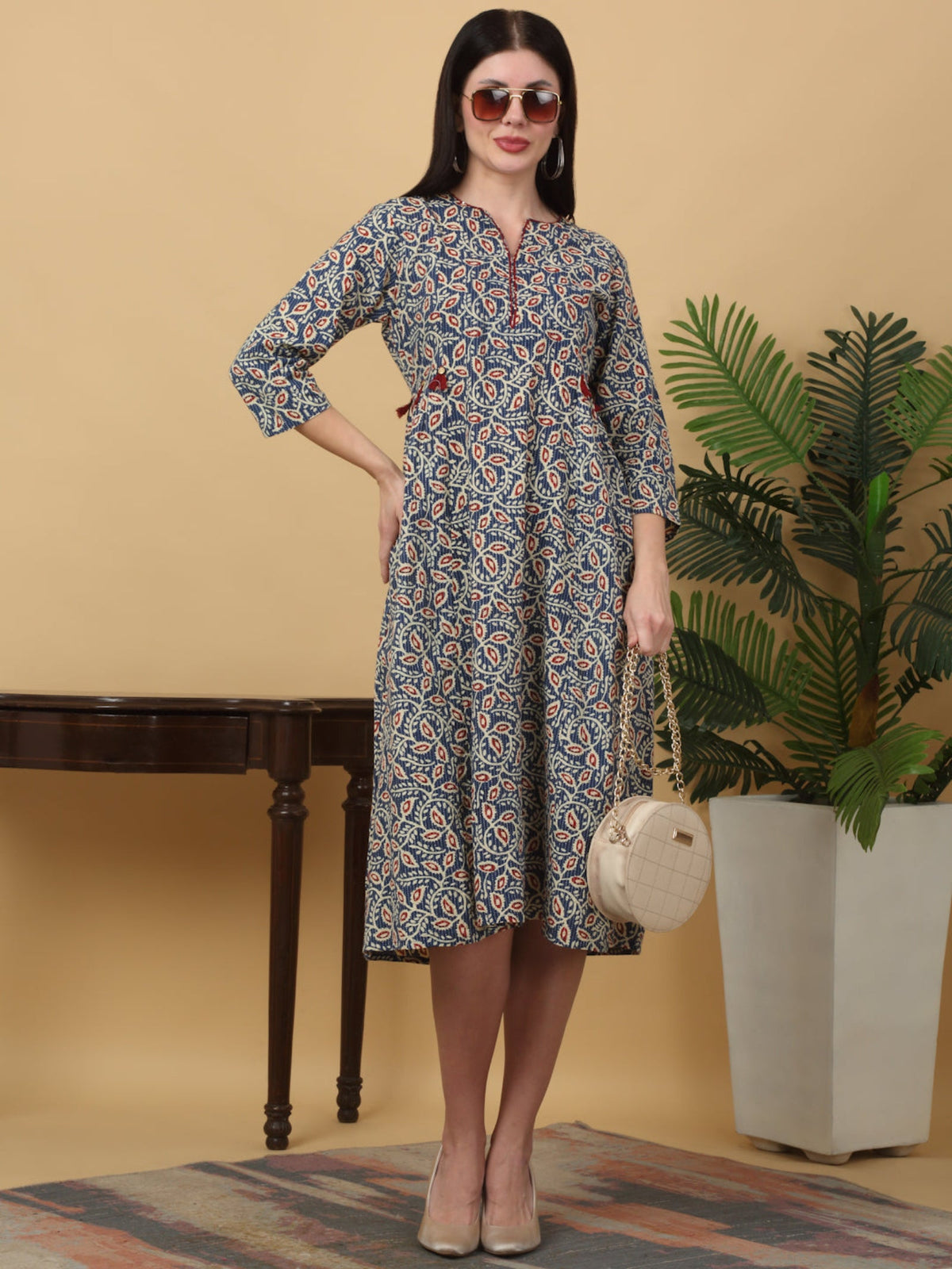 Rangvastra Cotton Katha Floral Printed Kurta with Tassel Work
