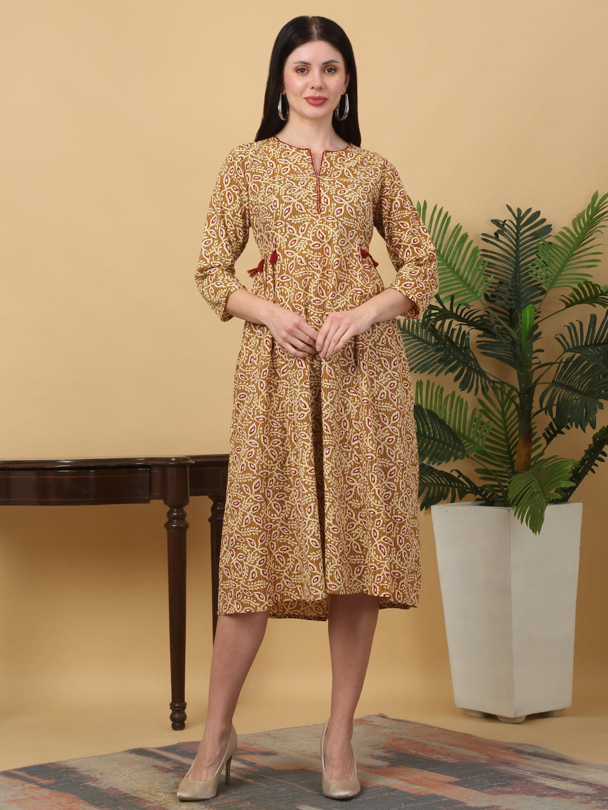 Rangvastra Cotton Katha Floral Printed Kurta with Tassel Work