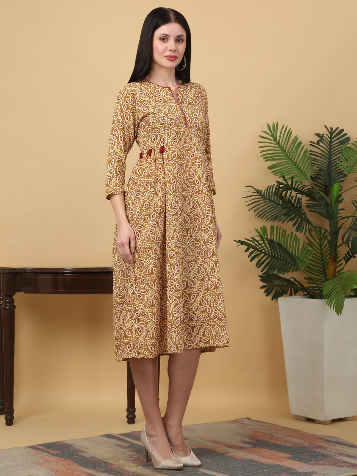 Rangvastra Cotton Katha Floral Printed Kurta with Tassel Work