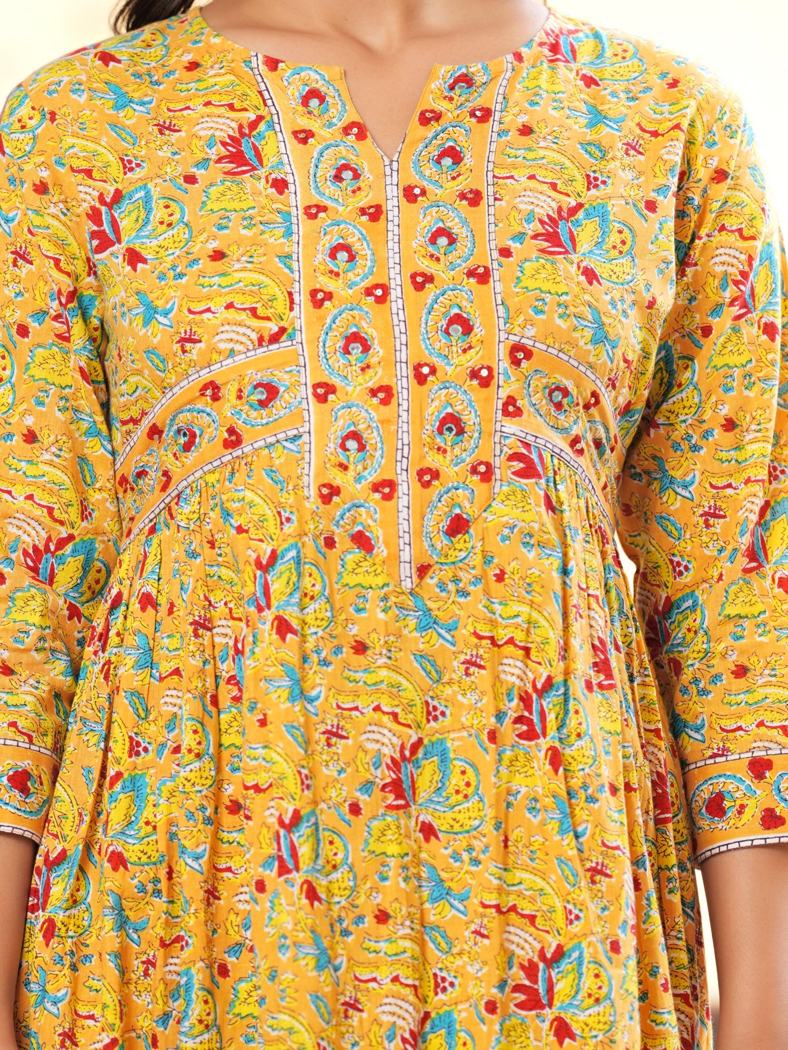 Maluka Women’s Yellow Floral Cotton Kurta Set with Dupatta