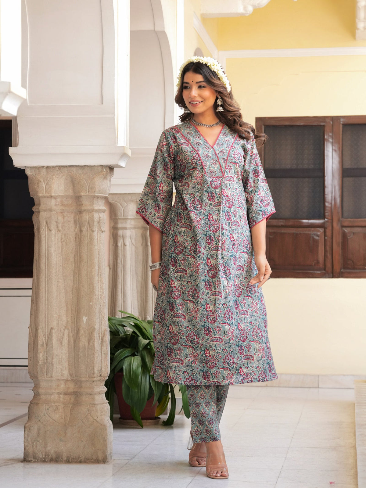Rangvastra Grey & Peach Floral Print Cotton Kurta Set with Dupatta