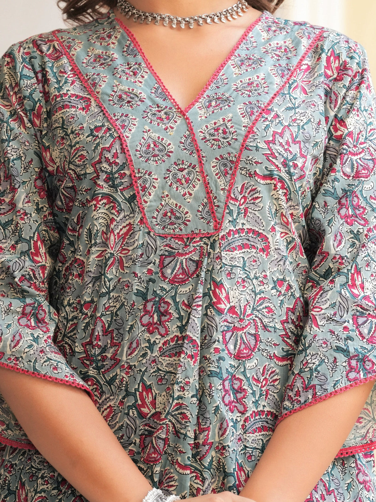 Rangvastra Grey & Peach Floral Print Cotton Kurta Set with Dupatta