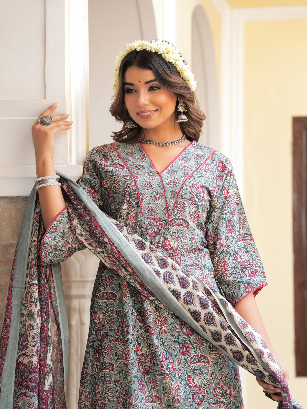 Rangvastra Grey & Peach Floral Print Cotton Kurta Set with Dupatta