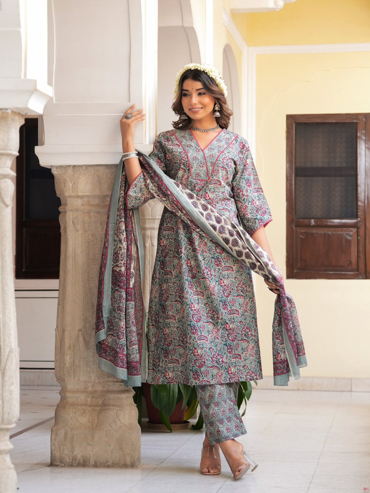 Rangvastra Grey & Peach Floral Print Cotton Kurta Set with Dupatta
