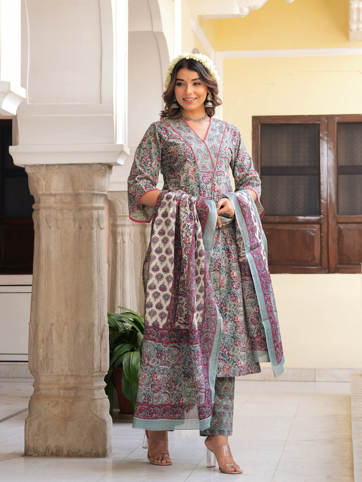Rangvastra Grey & Peach Floral Print Cotton Kurta Set with Dupatta