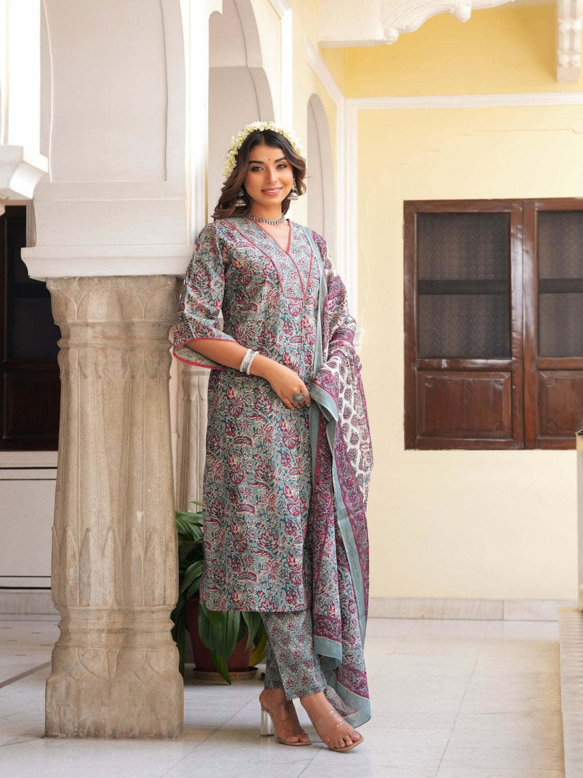 Rangvastra Grey & Peach Floral Print Cotton Kurta Set with Dupatta