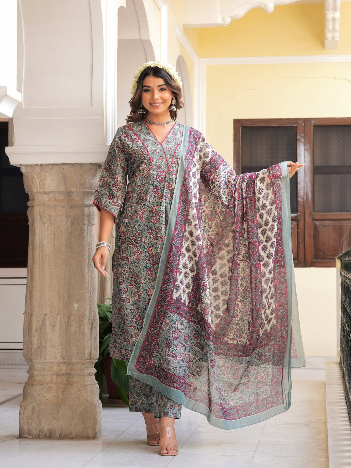 Rangvastra Grey & Peach Floral Print Cotton Kurta Set with Dupatta