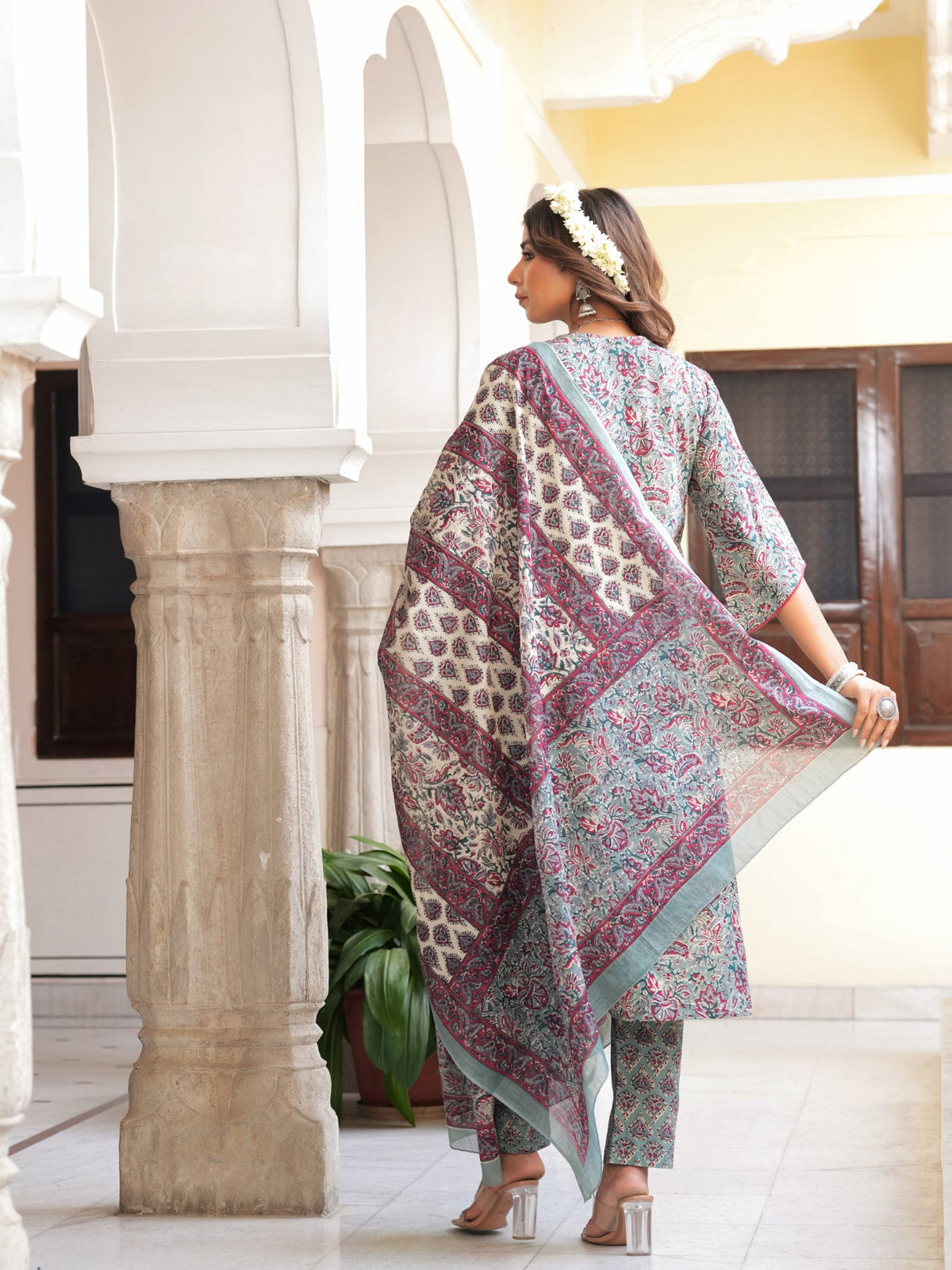 Rangvastra Grey & Peach Floral Print Cotton Kurta Set with Dupatta