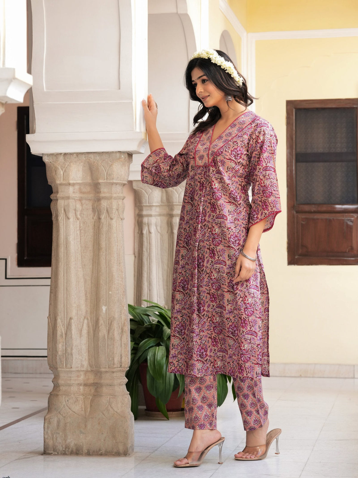 Rangvastra Grey & Peach Floral Print Cotton Kurta Set with Dupatta