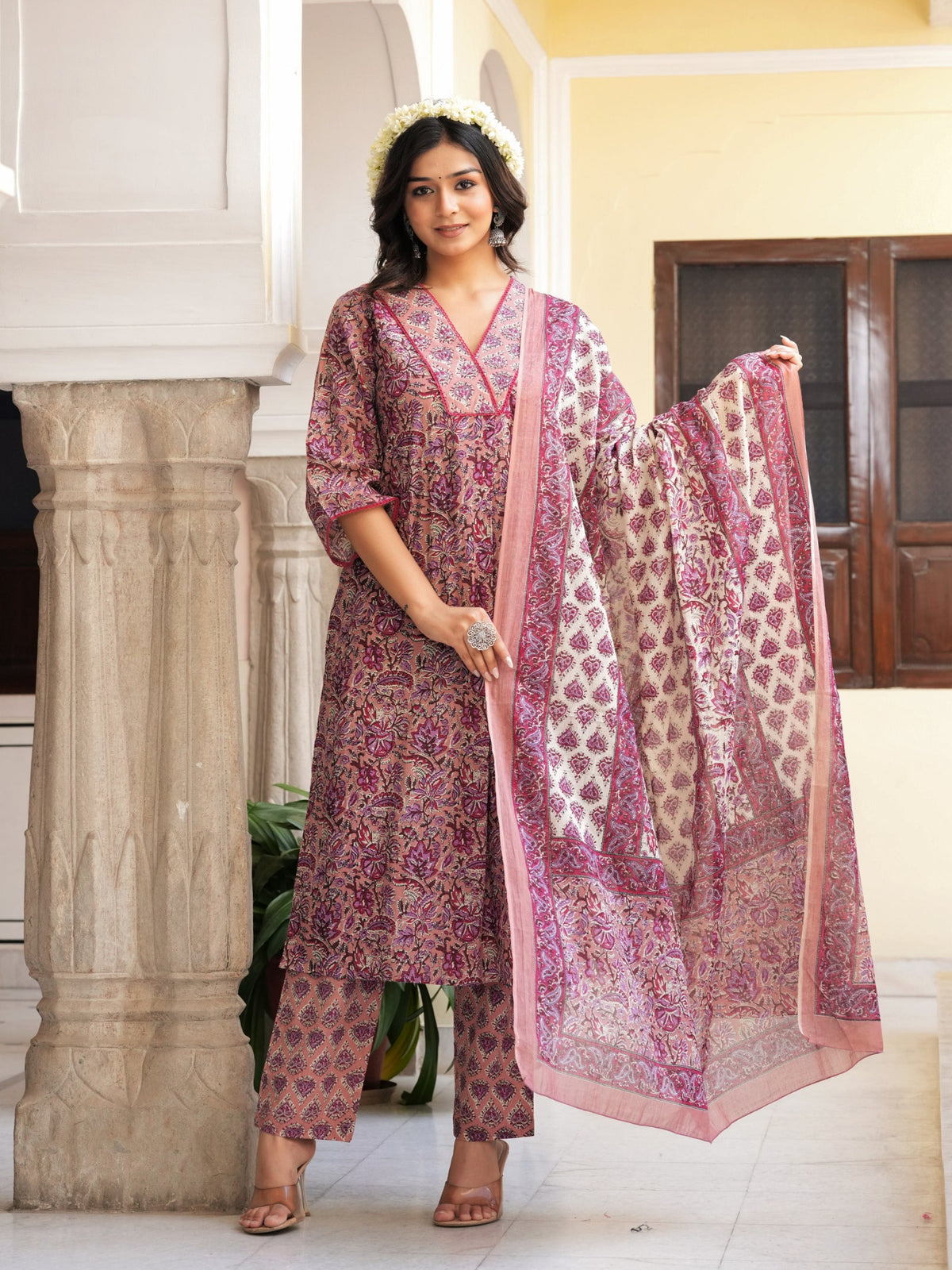 Rangvastra Grey & Peach Floral Print Cotton Kurta Set with Dupatta