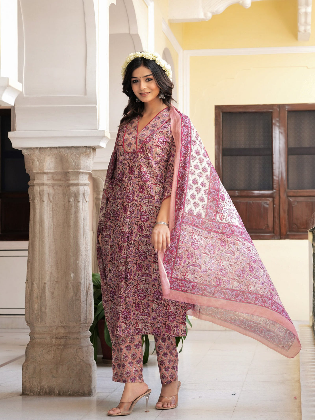 Rangvastra Grey & Peach Floral Print Cotton Kurta Set with Dupatta