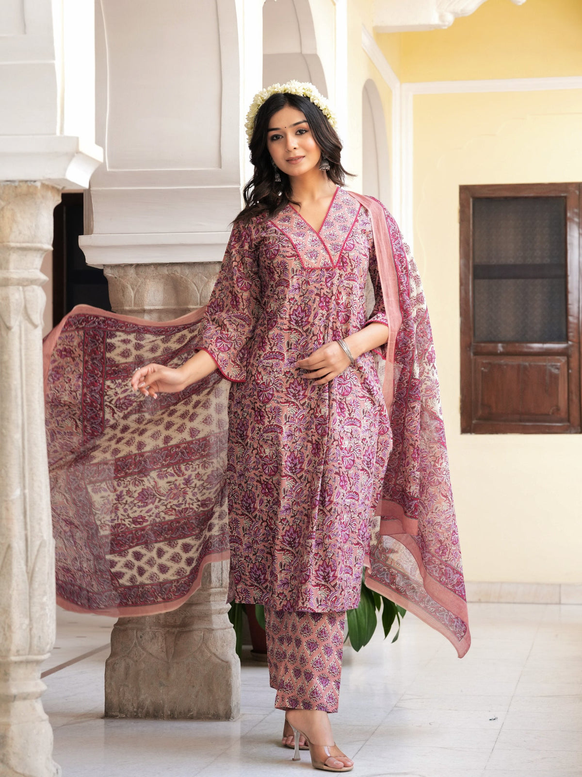 Rangvastra Grey & Peach Floral Print Cotton Kurta Set with Dupatta