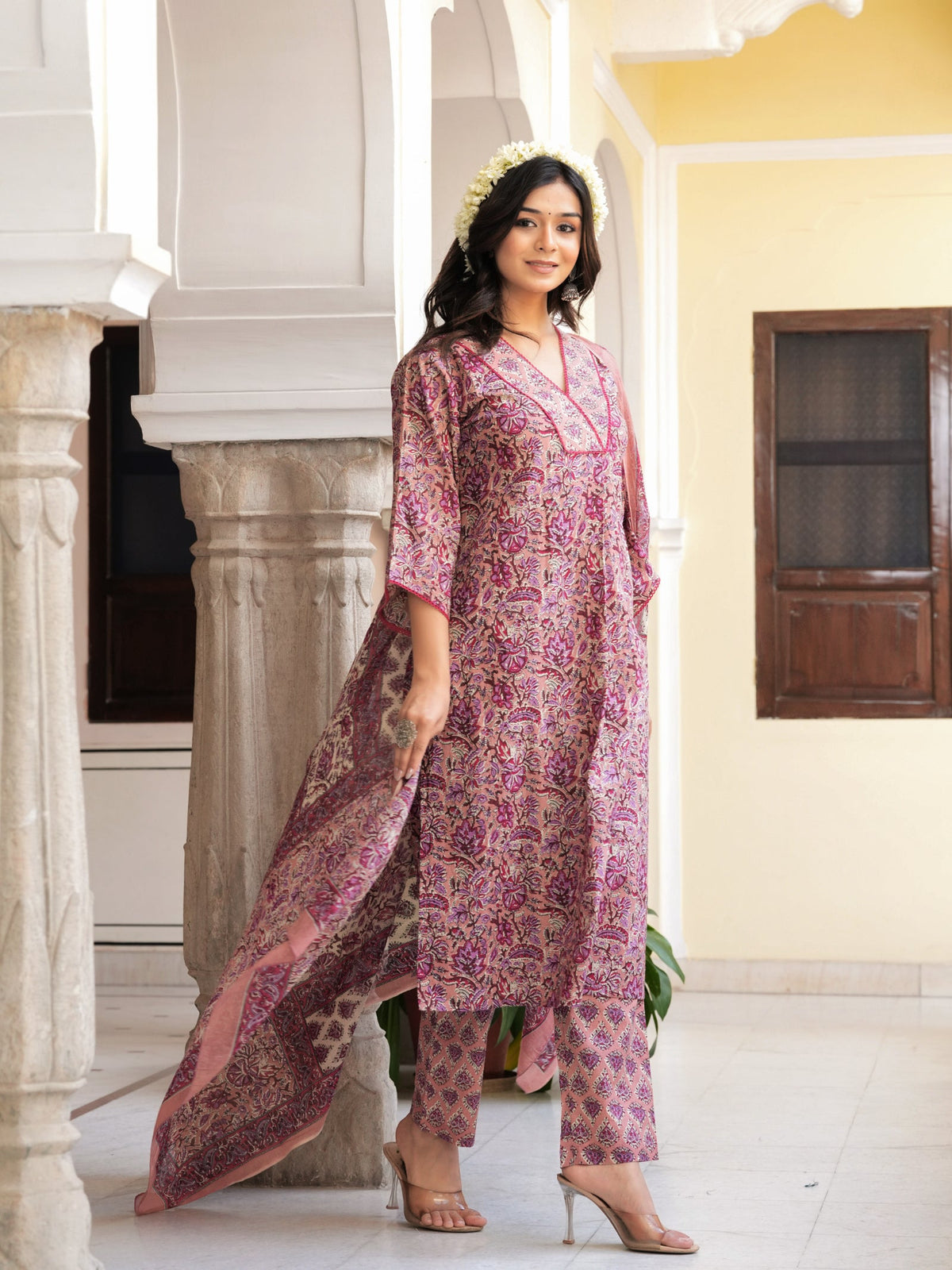 Rangvastra Grey & Peach Floral Print Cotton Kurta Set with Dupatta