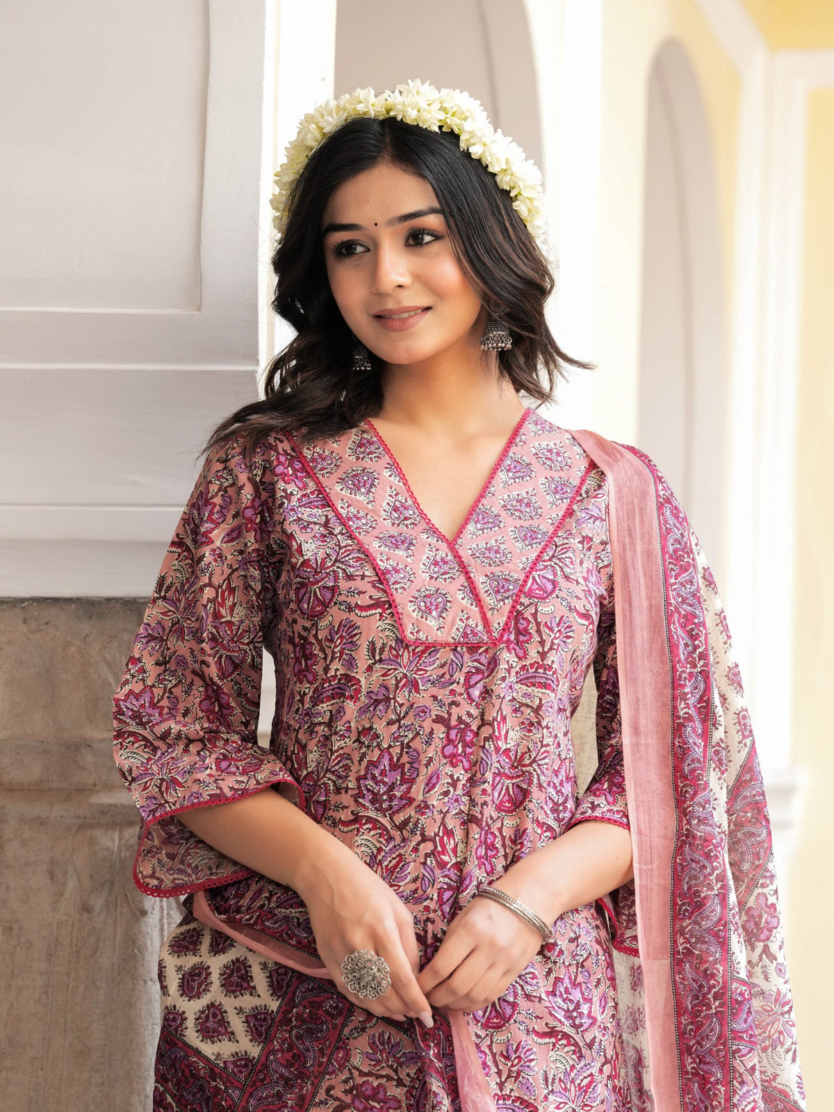 Rangvastra Grey & Peach Floral Print Cotton Kurta Set with Dupatta