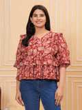 Maluka Women’s Rose Gold & Blue Cotton V-Neck Frill Top