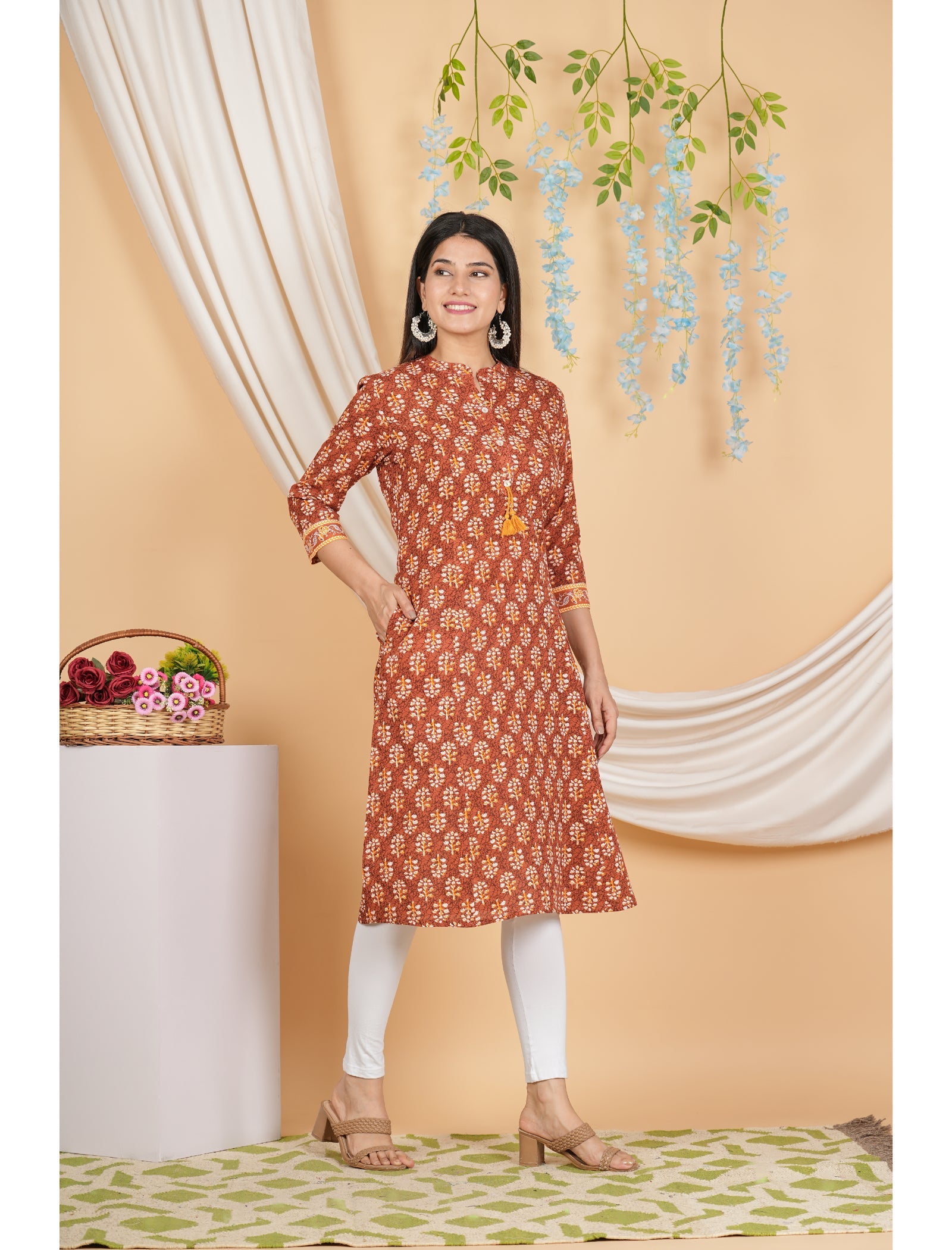 Maluka Women Rayon Floral Printed with Button and Tassel Straight Kurta