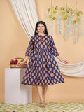 Maluka Women’s Navy Blue Floral Rayon A-Line Kurta with Tassels