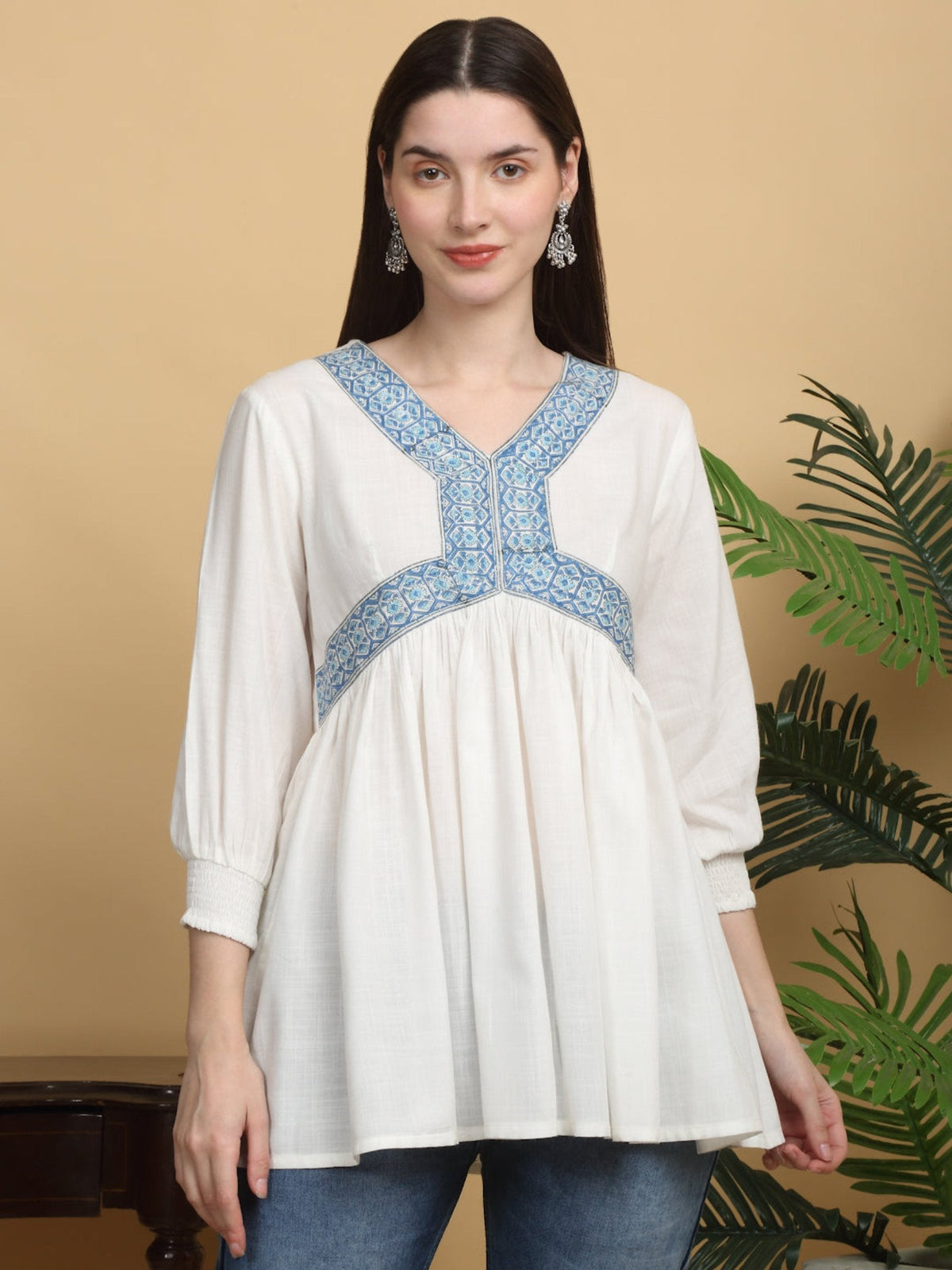 Rangvastra  White Solid Printed Top