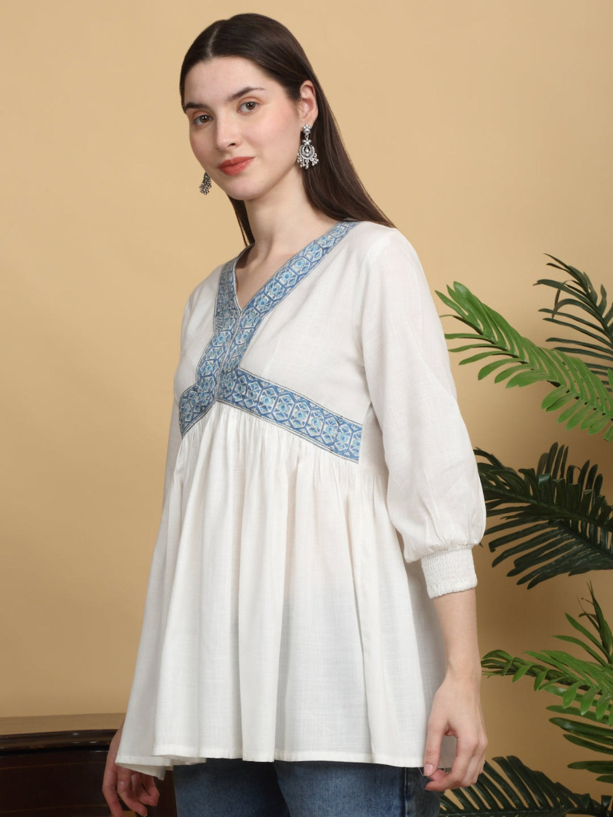 Rangvastra  White Solid Printed Top