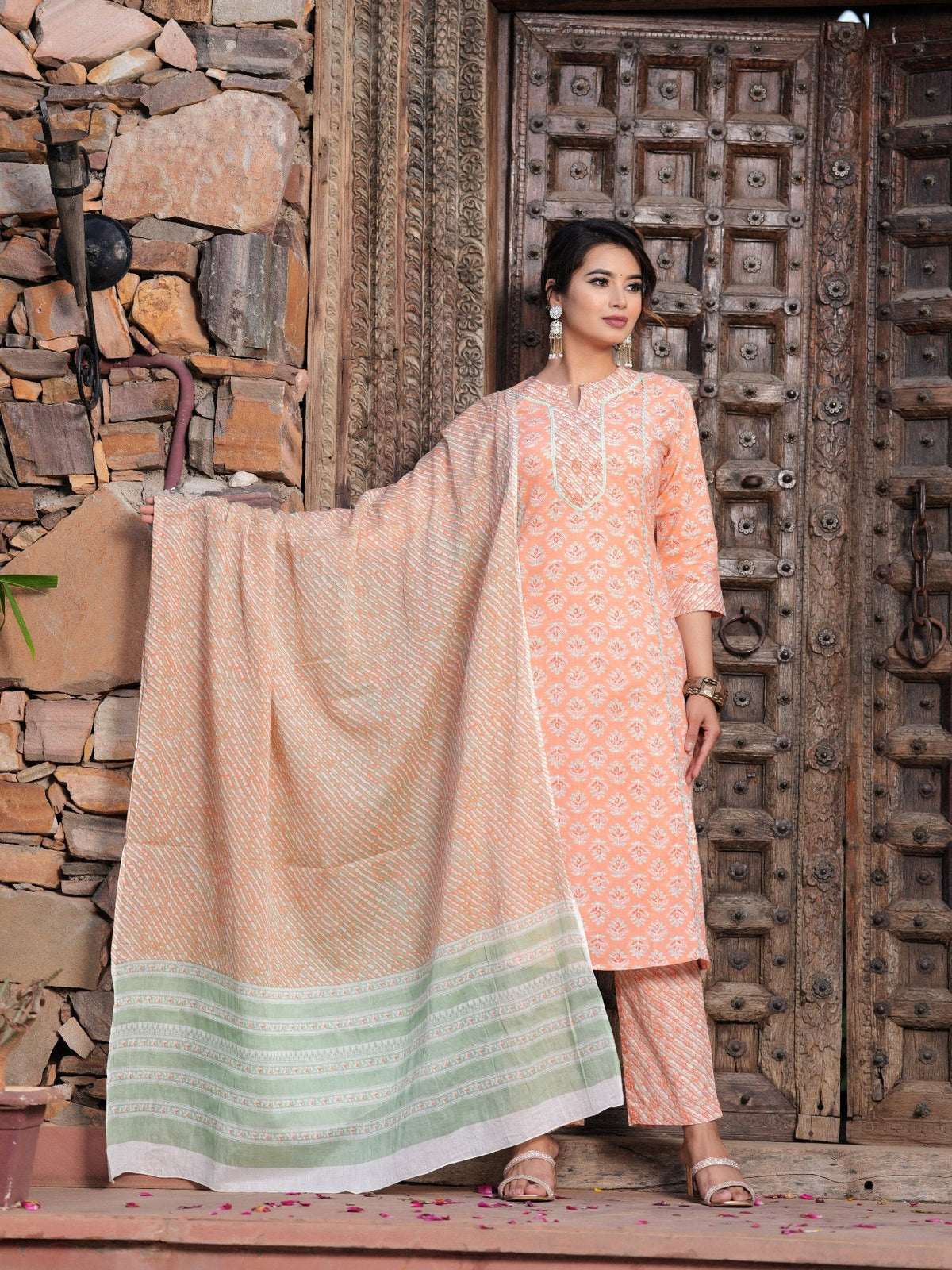 Rangvastra Cotton Floral Printed Kurta Pant with Dupatta Set