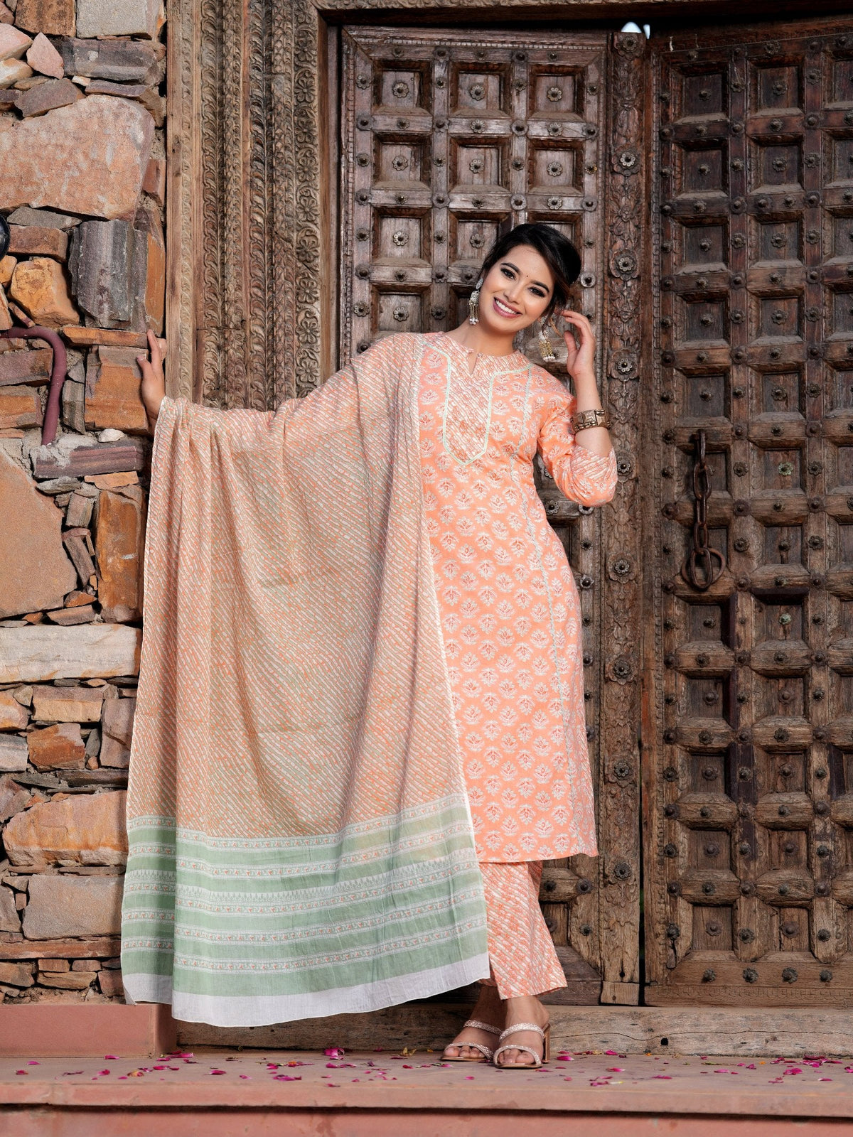 Rangvastra Cotton Floral Printed Kurta Pant with Dupatta Set