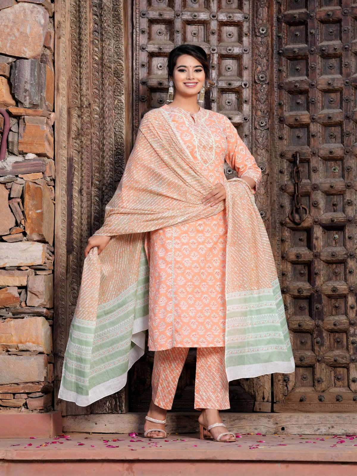 Rangvastra Cotton Floral Printed Kurta Pant with Dupatta Set