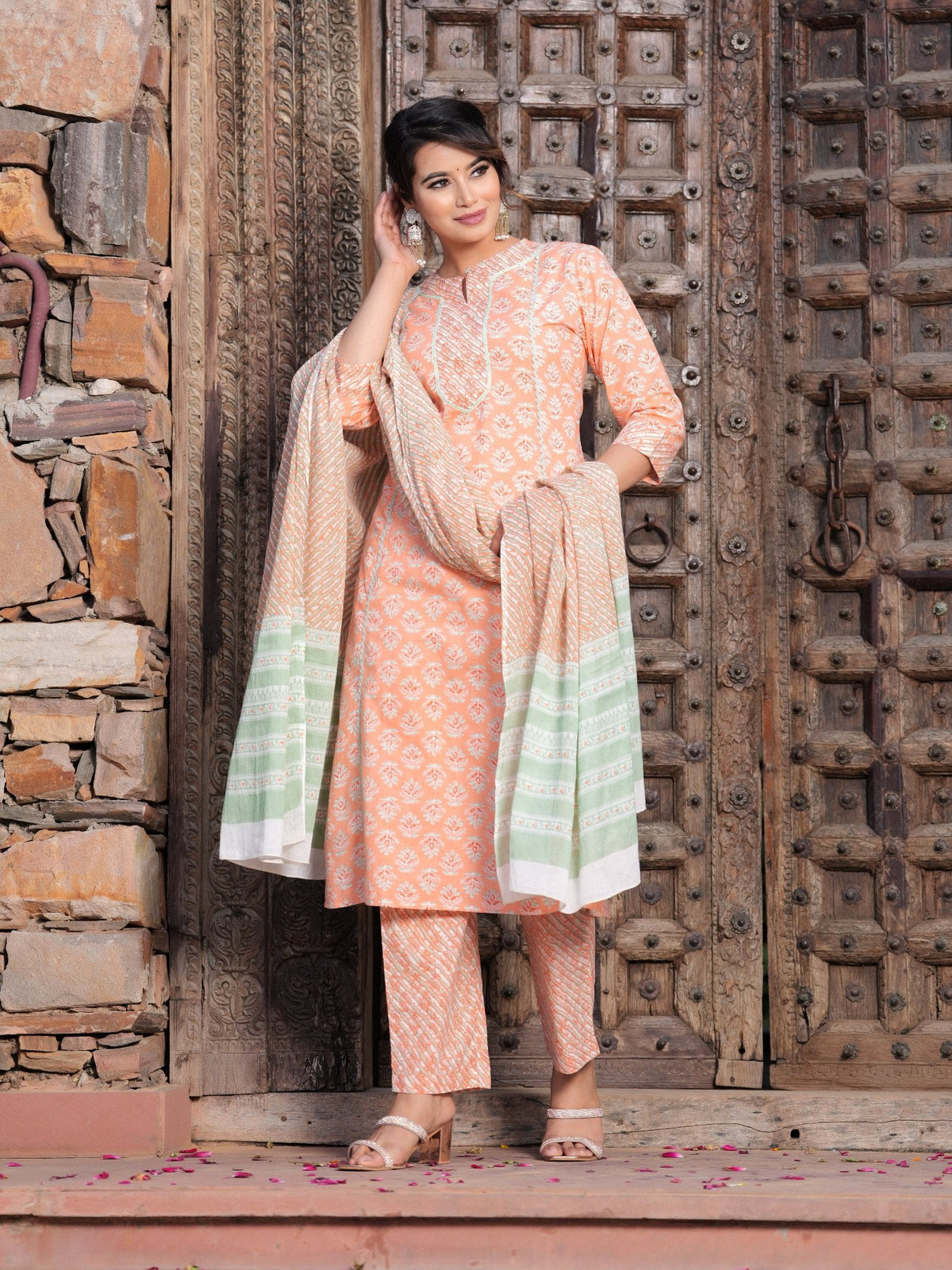 Rangvastra Cotton Floral Printed Kurta Pant with Dupatta Set