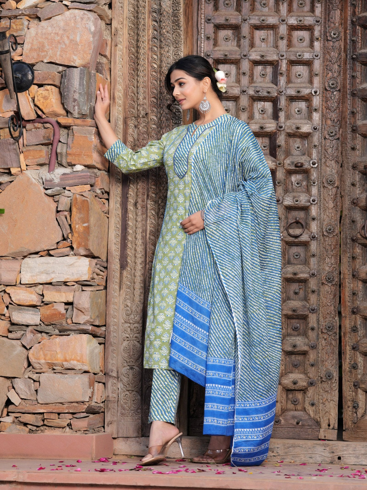 Rangvastra Cotton Floral Printed Kurta Pant with Dupatta Set