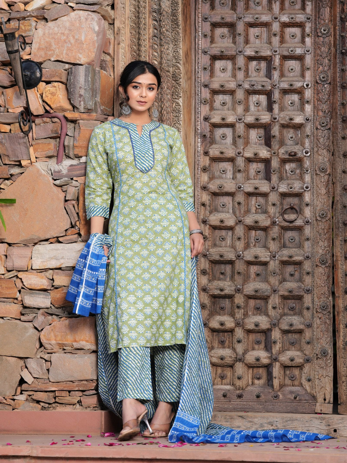 Rangvastra Cotton Floral Printed Kurta Pant with Dupatta Set