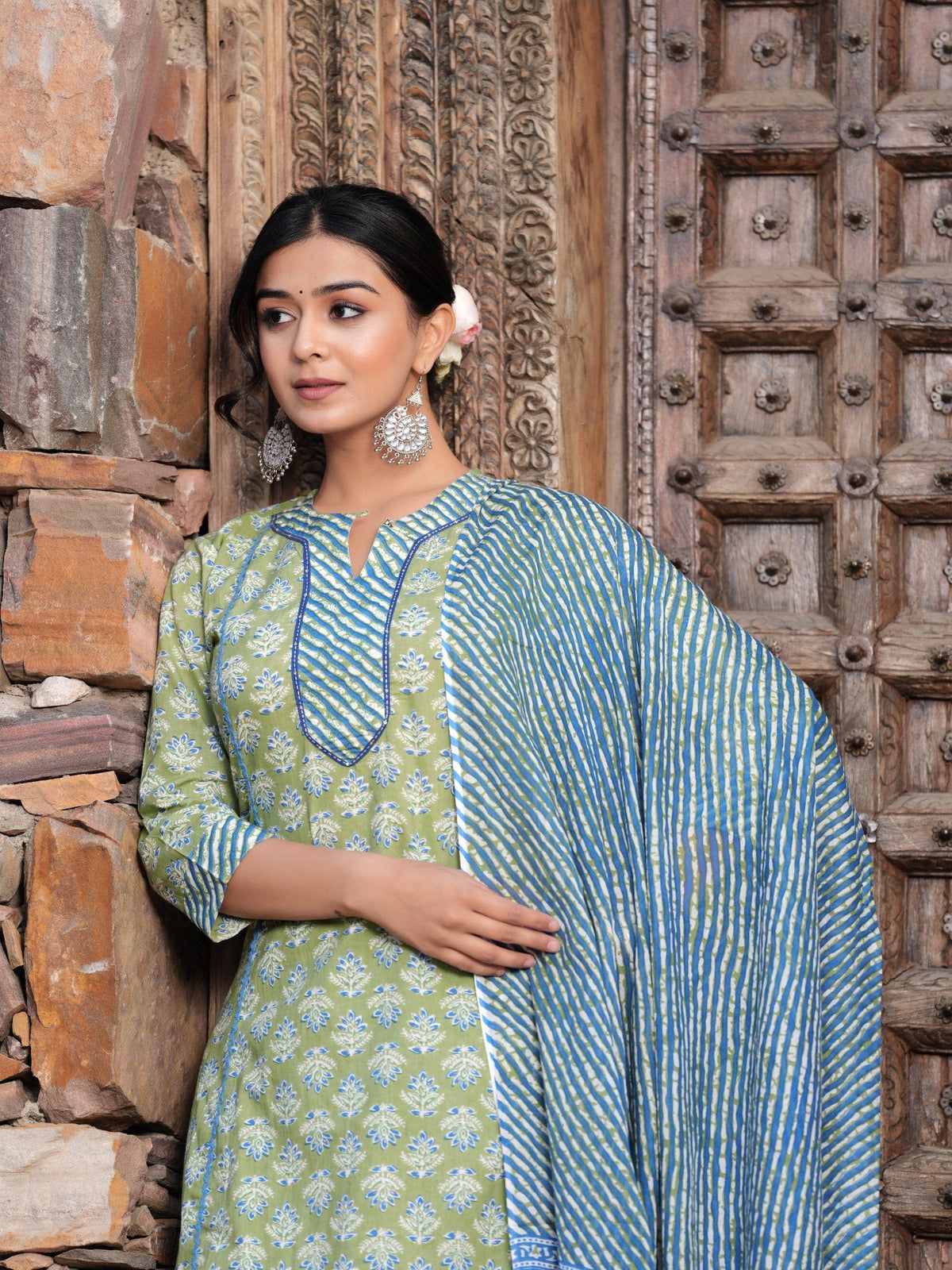 Rangvastra Cotton Floral Printed Kurta Pant with Dupatta Set