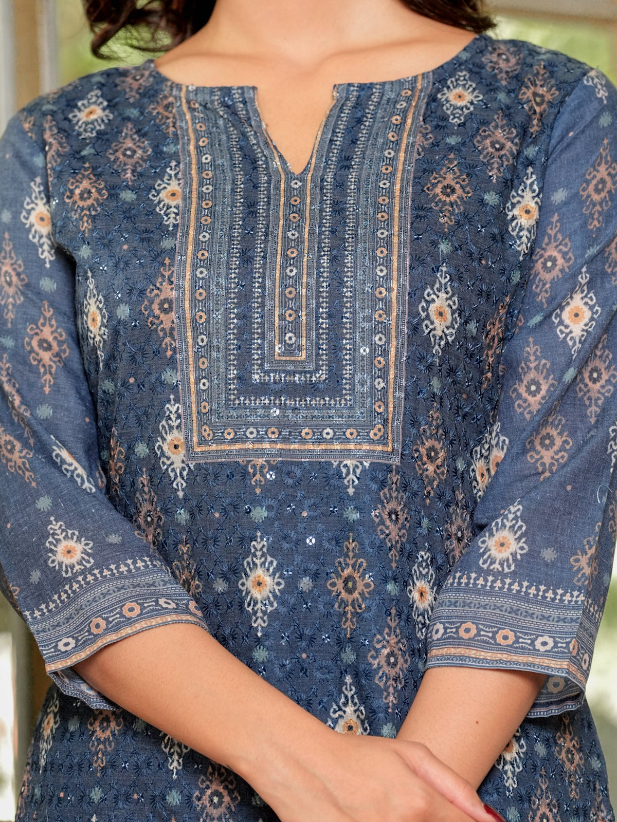 Rangvastra Brown & Teal Ethnic Cotton Schiffli Kurta Set