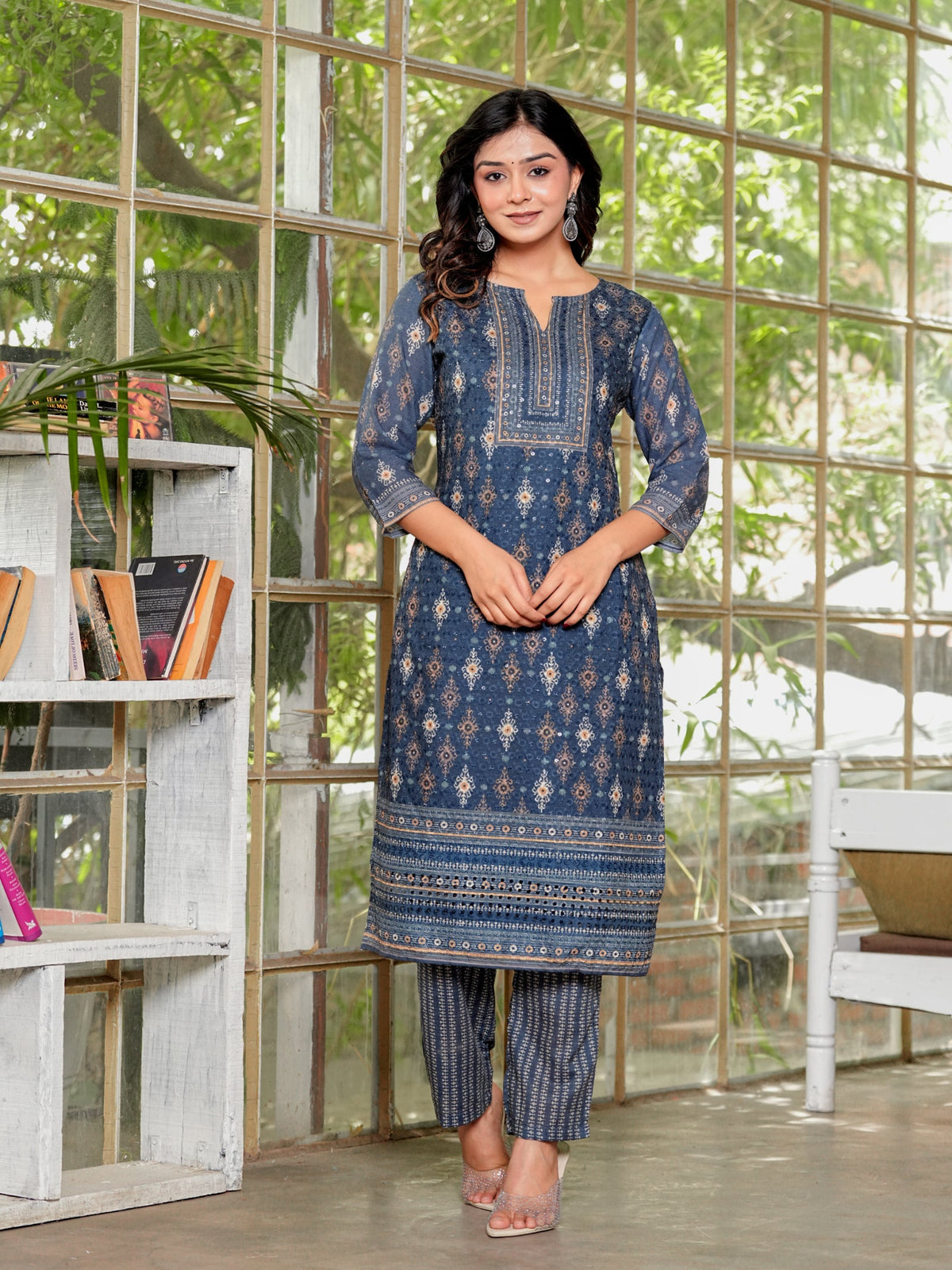 Rangvastra Brown & Teal Ethnic Cotton Schiffli Kurta Set