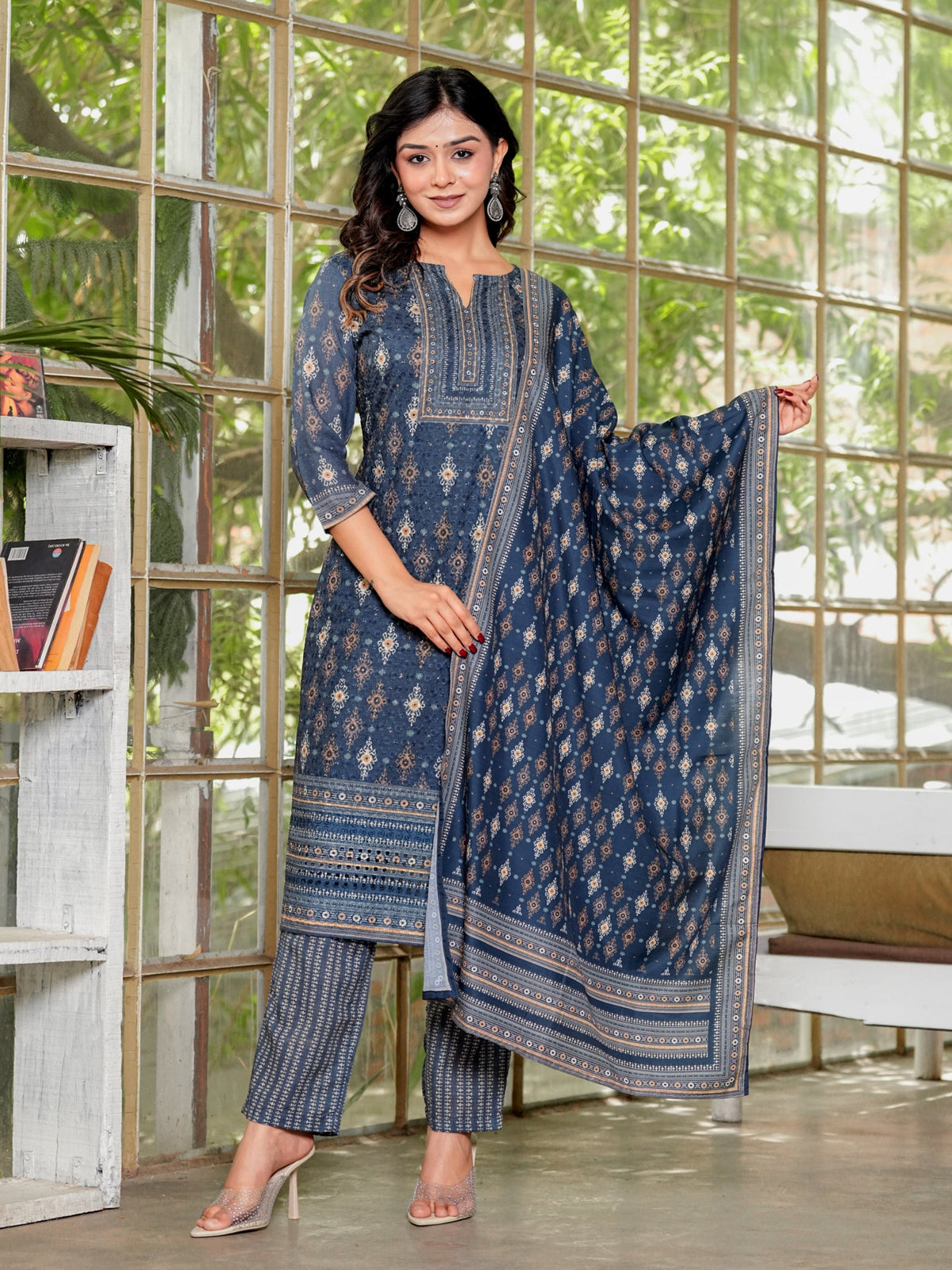 Rangvastra Brown & Teal Ethnic Cotton Schiffli Kurta Set
