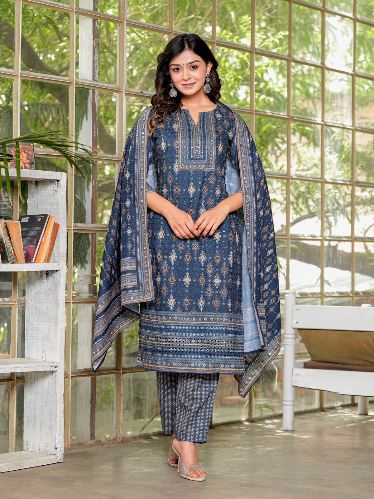 Rangvastra Brown & Teal Ethnic Cotton Schiffli Kurta Set