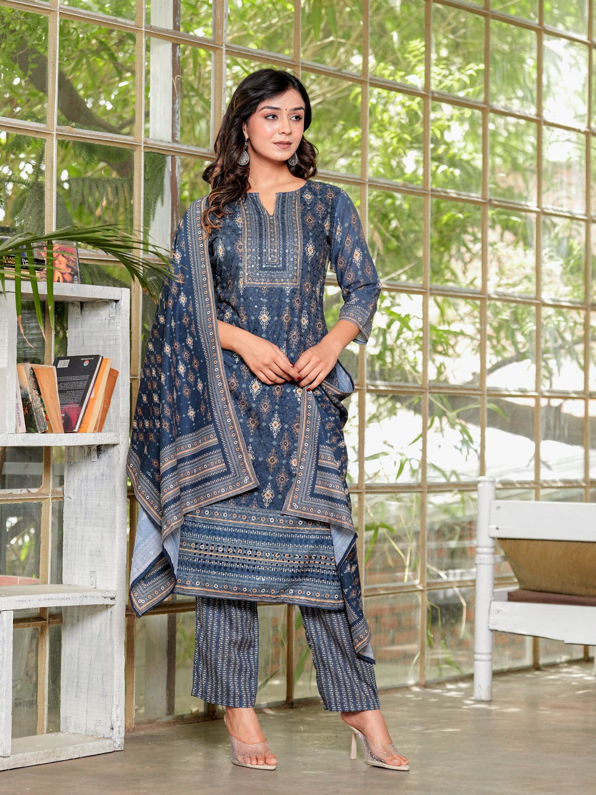 Rangvastra Brown & Teal Ethnic Cotton Schiffli Kurta Set