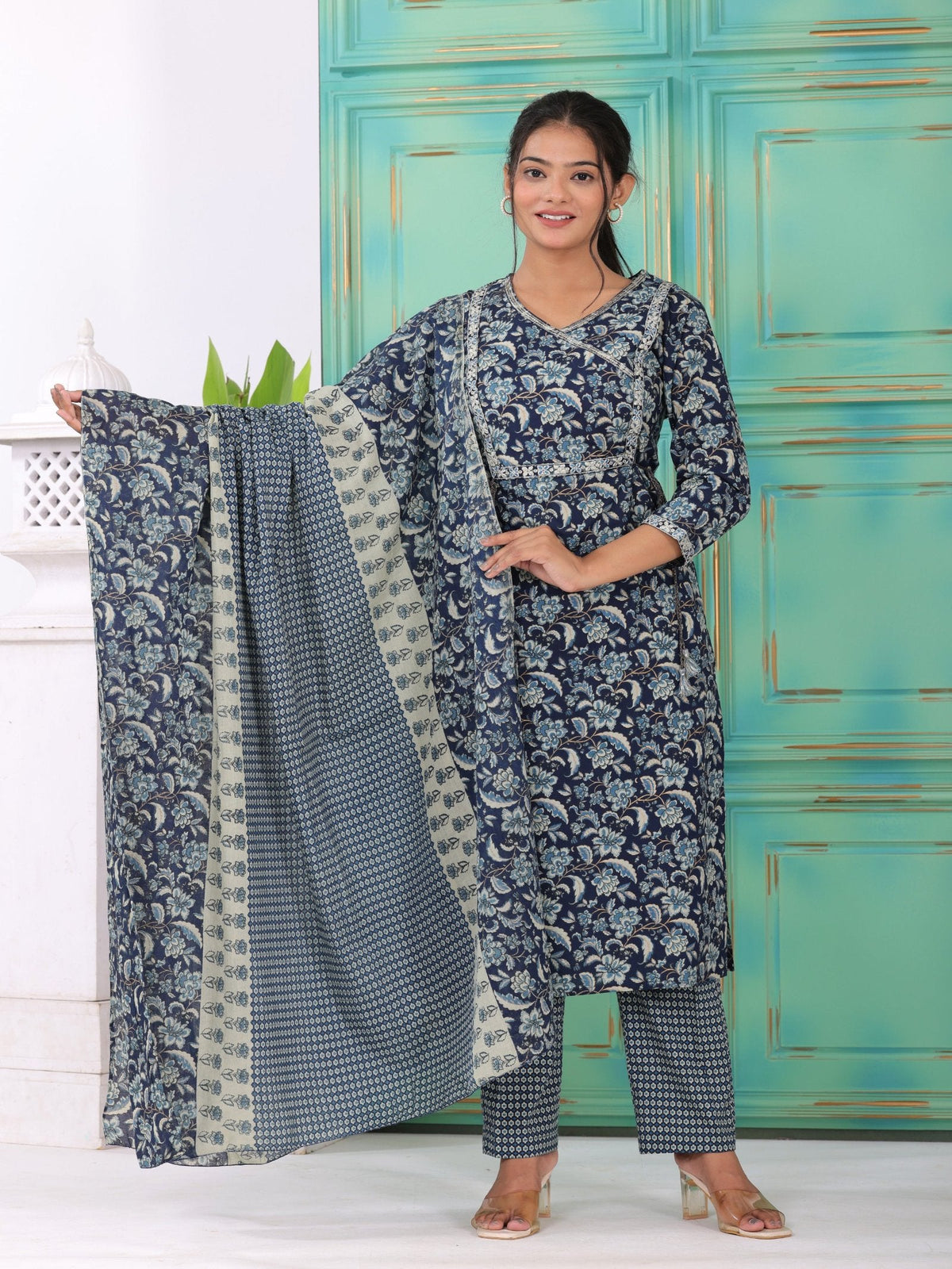 Rangvastra Blue Cotton Floral Printed Kurta Set