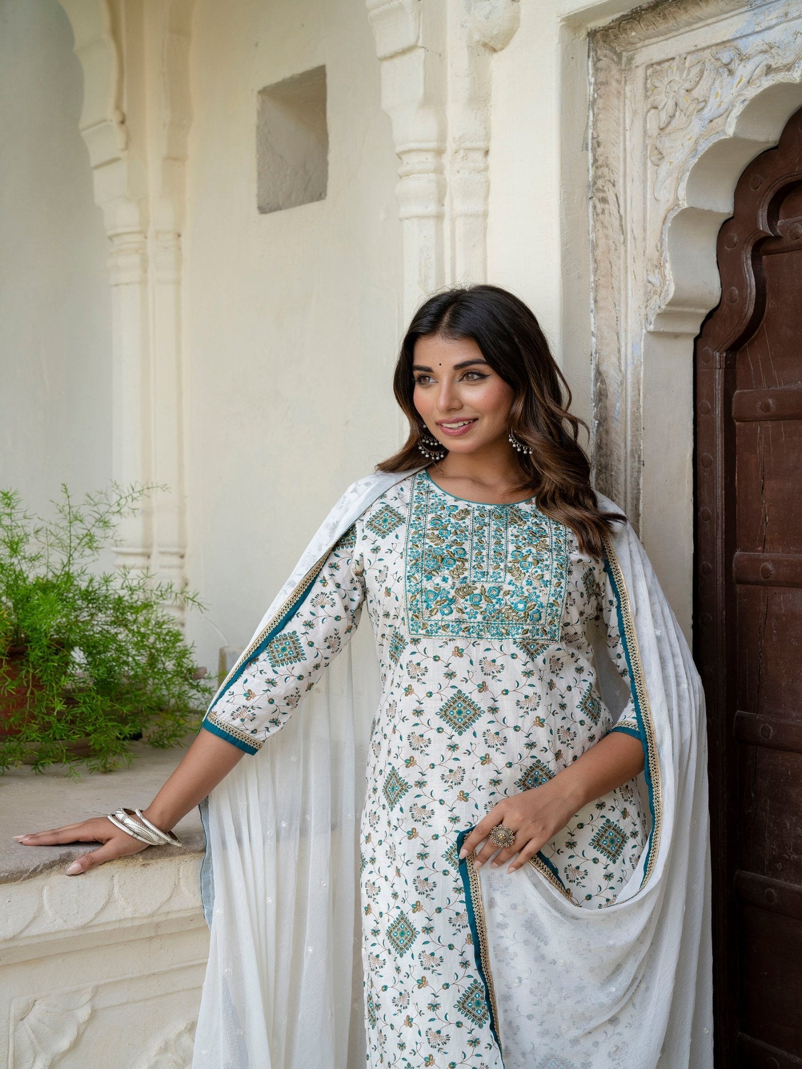 Maluka Women Cotton Foil Embroidered Kurta Sarara with Dupatta Set