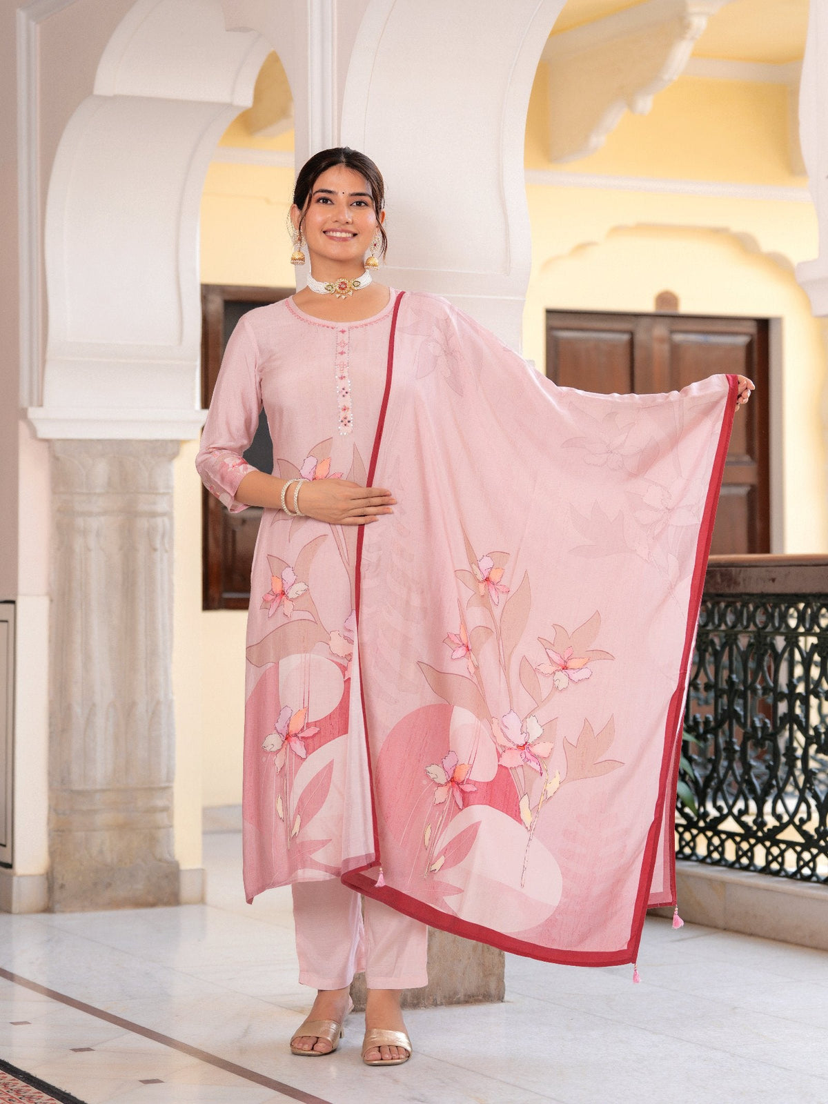 Rangvastra Floral Placement Printed Maslin Kurta Pant With Dupatta Set