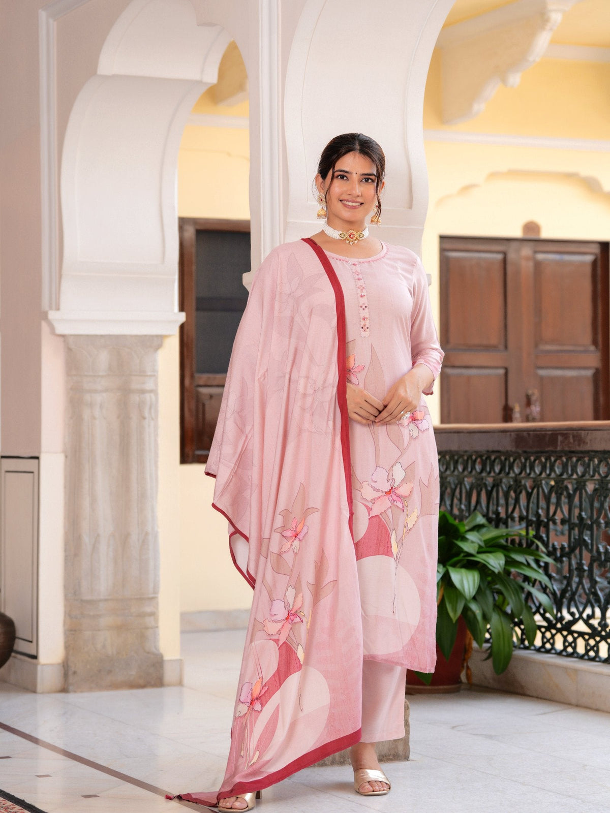 Rangvastra Floral Placement Printed Maslin Kurta Pant With Dupatta Set