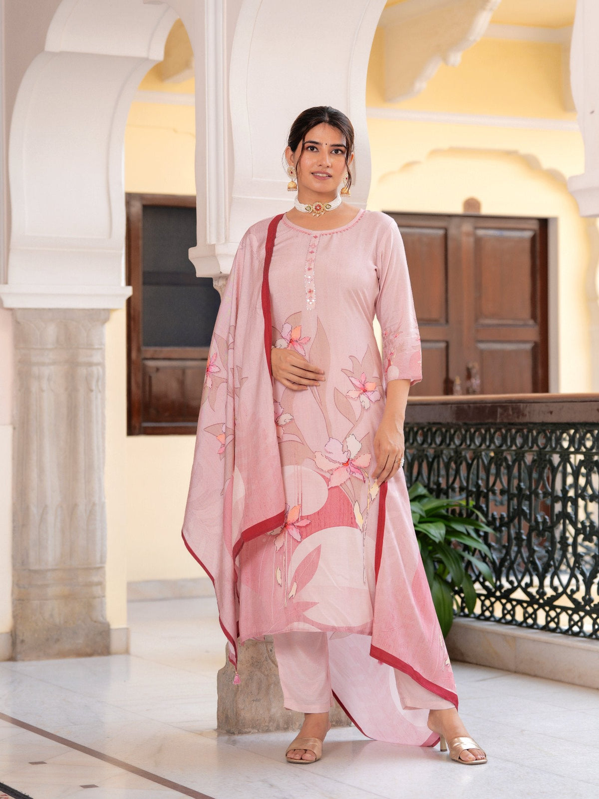 Rangvastra Floral Placement Printed Maslin Kurta Pant With Dupatta Set