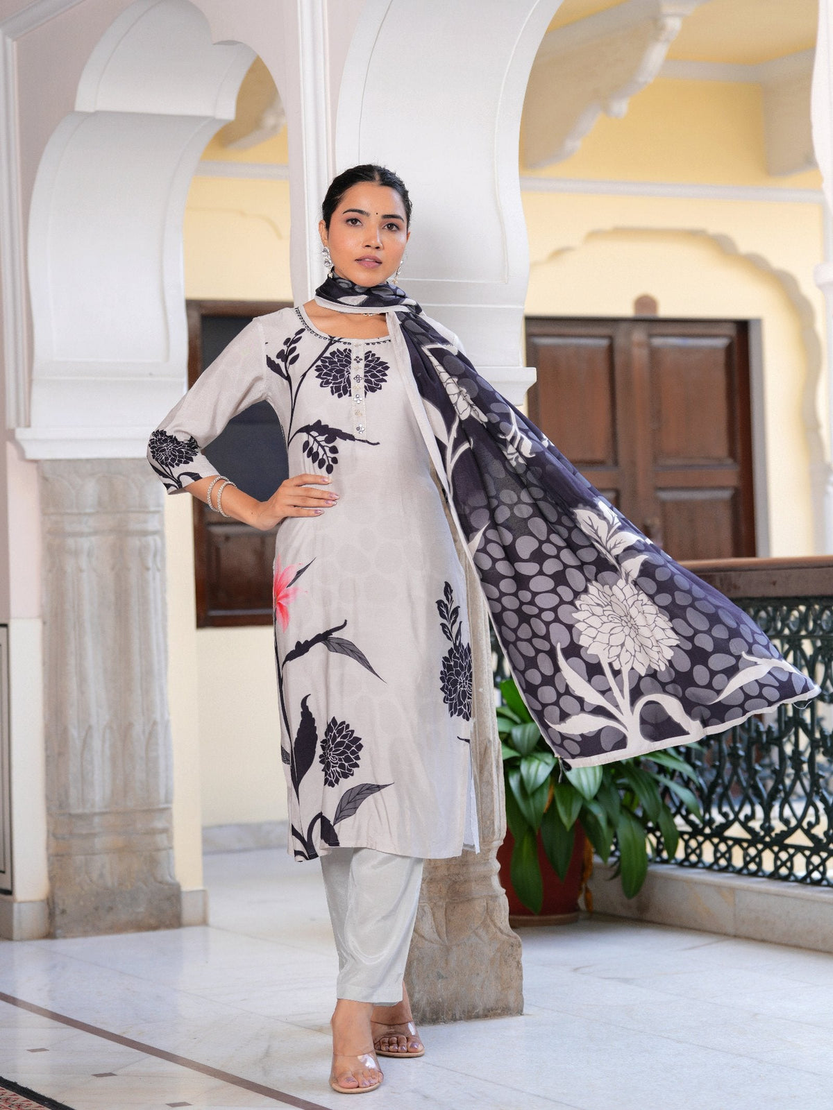 Rangvastra Floral Placement Printed Maslin Kurta Pant With Dupatta Set