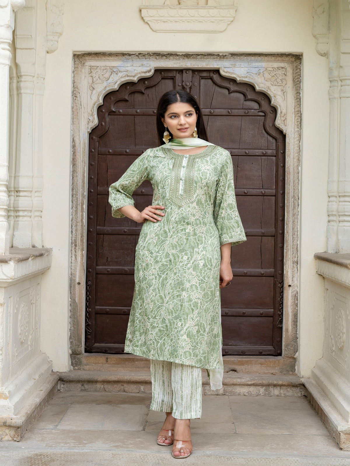 Rangvastra Capsule Foil Green & Peach Ethnic Kurta Set with Dupatta