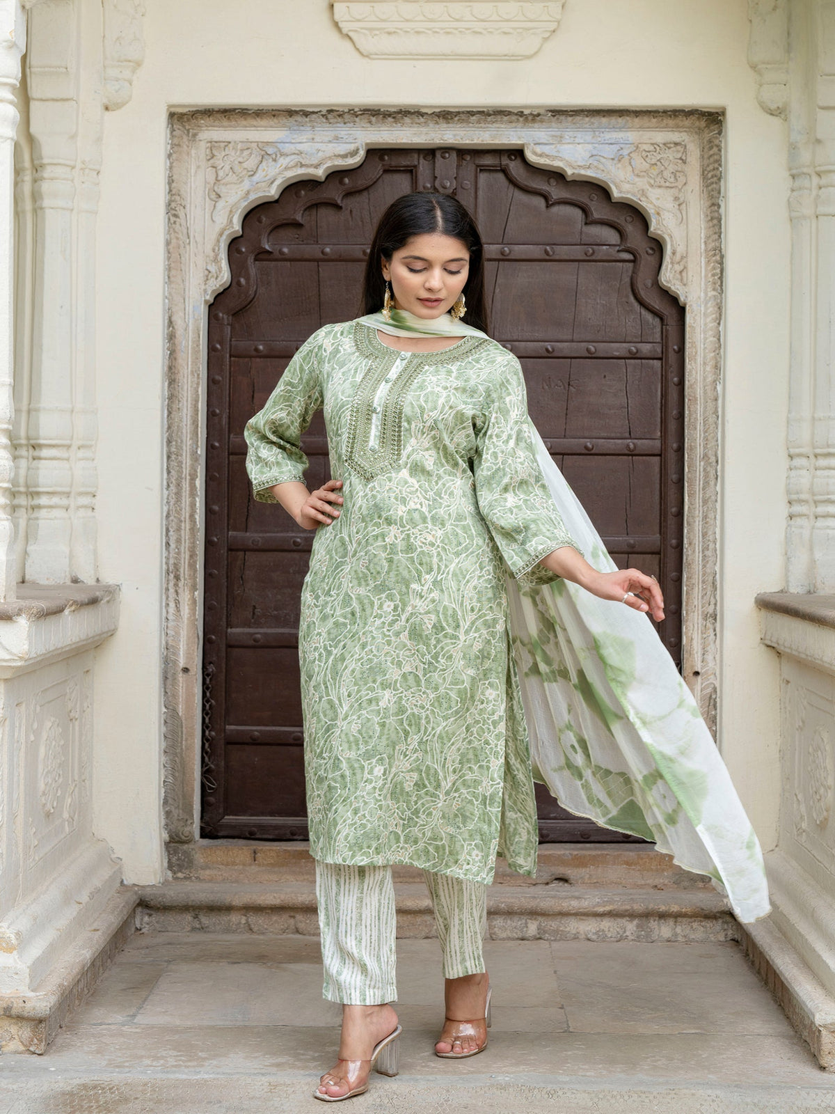 Rangvastra Capsule Foil Green & Peach Ethnic Kurta Set with Dupatta