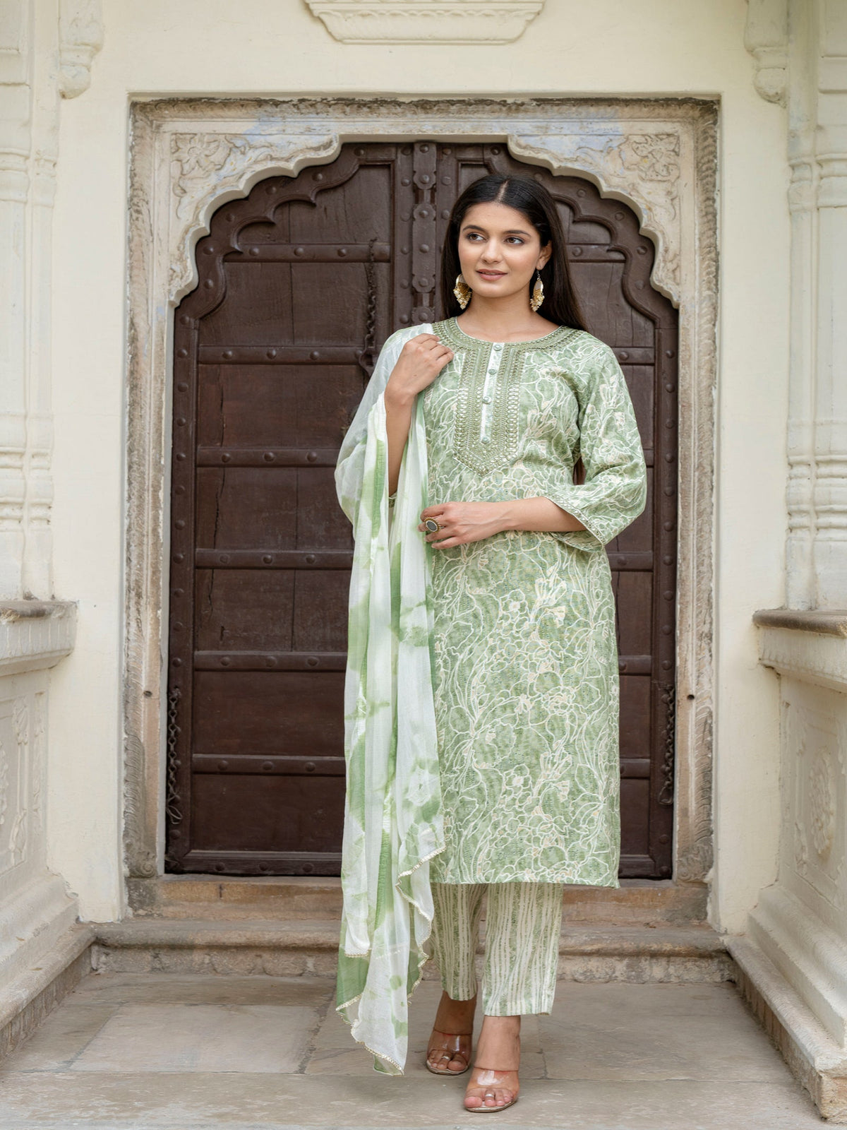 Rangvastra Capsule Foil Green & Peach Ethnic Kurta Set with Dupatta