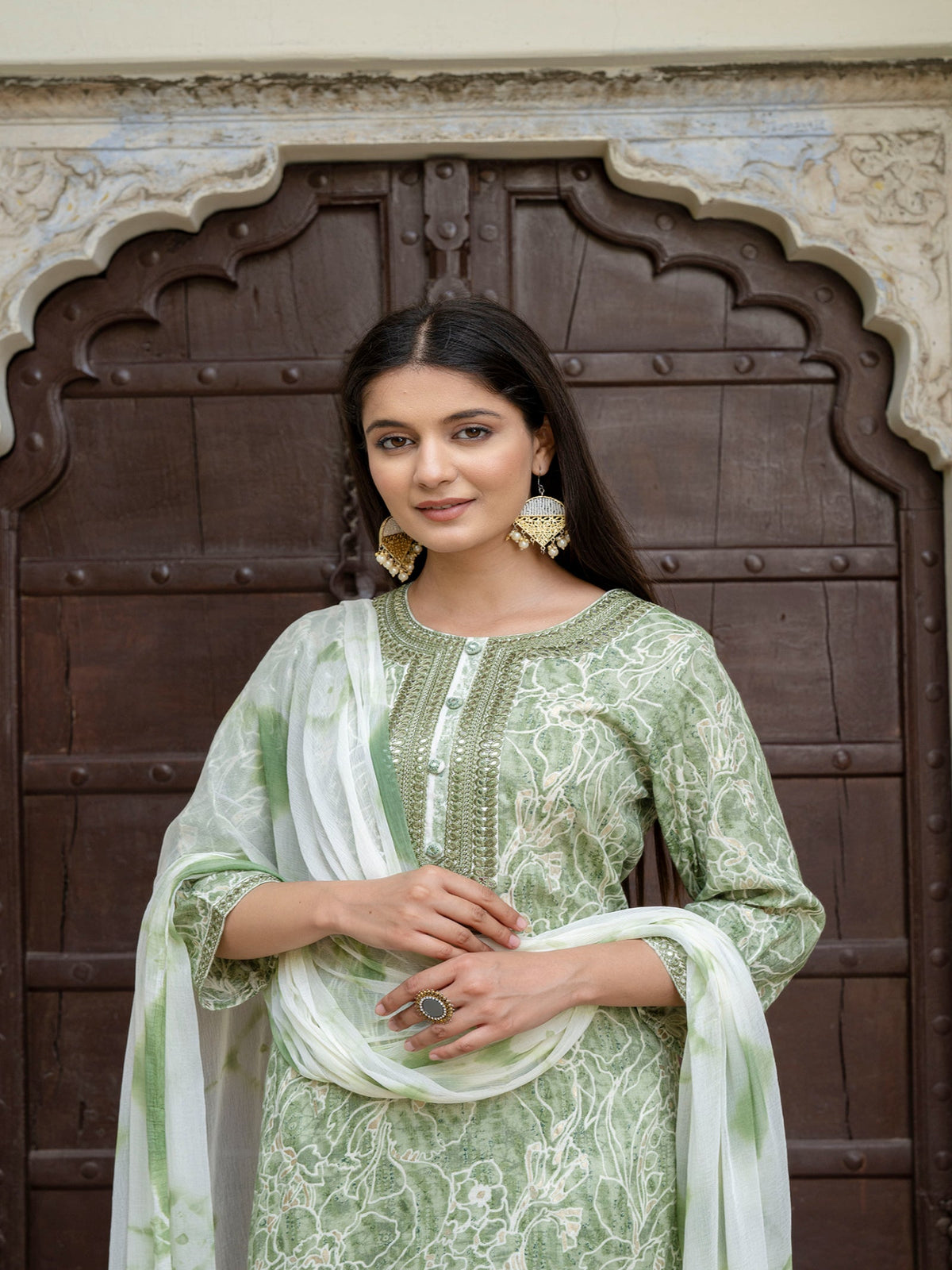 Rangvastra Capsule Foil Green & Peach Ethnic Kurta Set with Dupatta