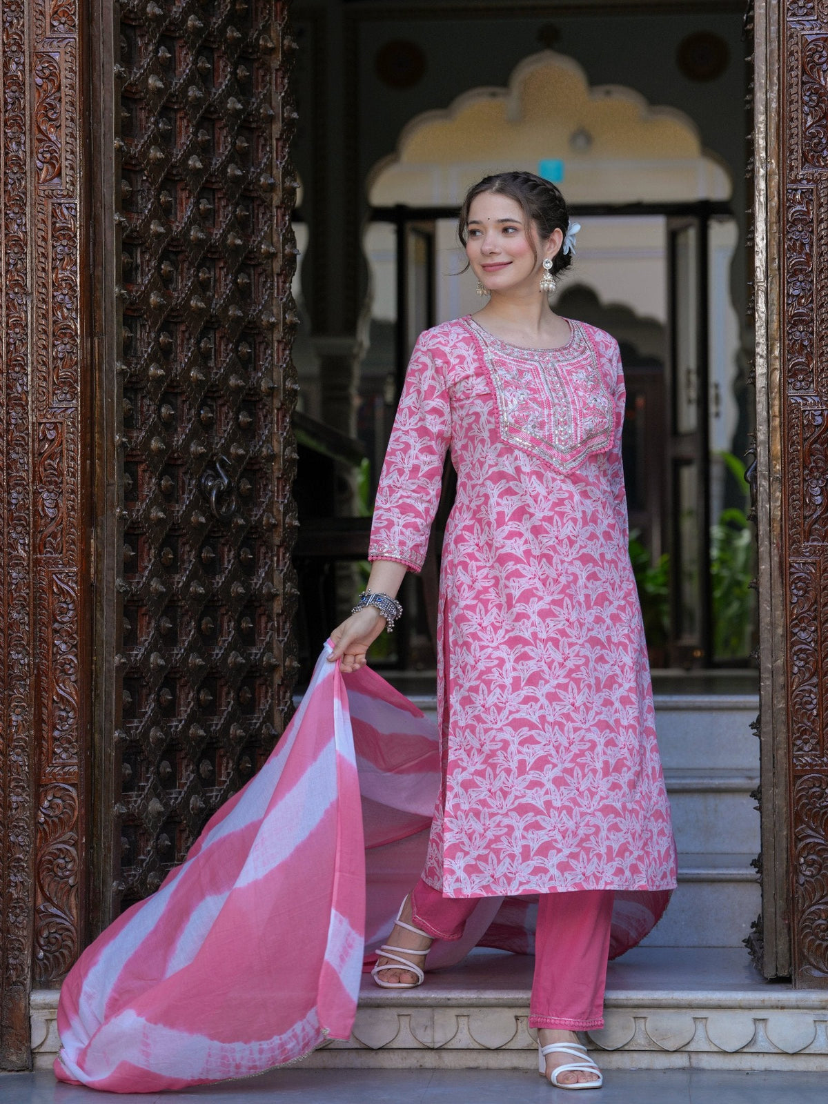 Rangvastra COTTON EMBROIDERY AND SEQUINS WORK KURTA PANT WITH DUPATTA SET