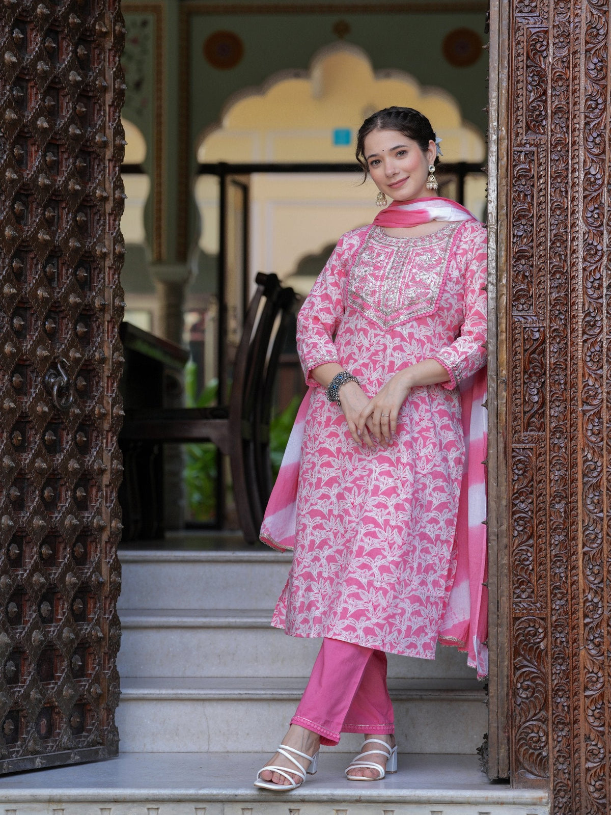 Rangvastra COTTON EMBROIDERY AND SEQUINS WORK KURTA PANT WITH DUPATTA SET