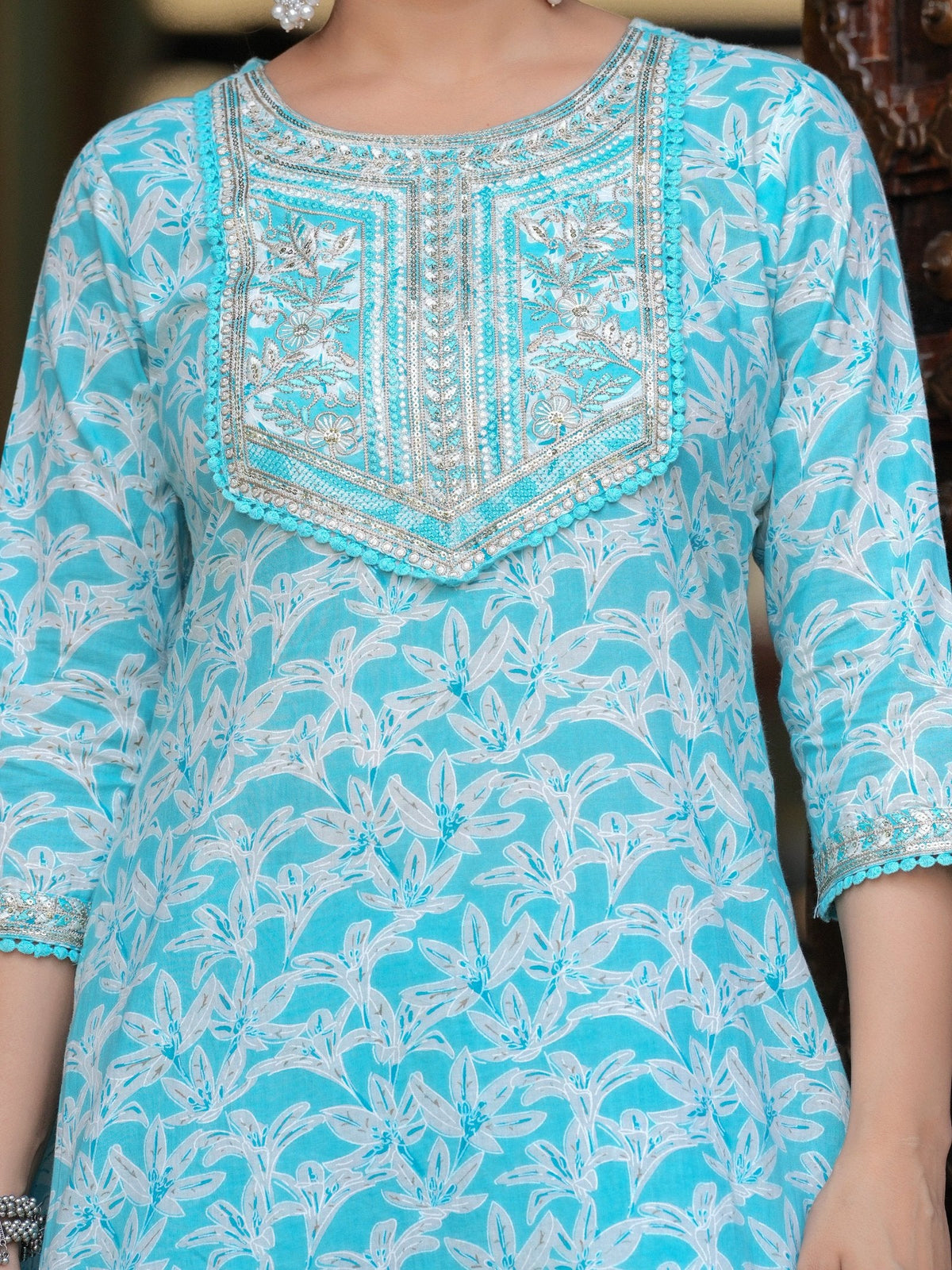 Rangvastra COTTON EMBROIDERY AND SEQUINS WORK KURTA PANT WITH DUPATTA SET