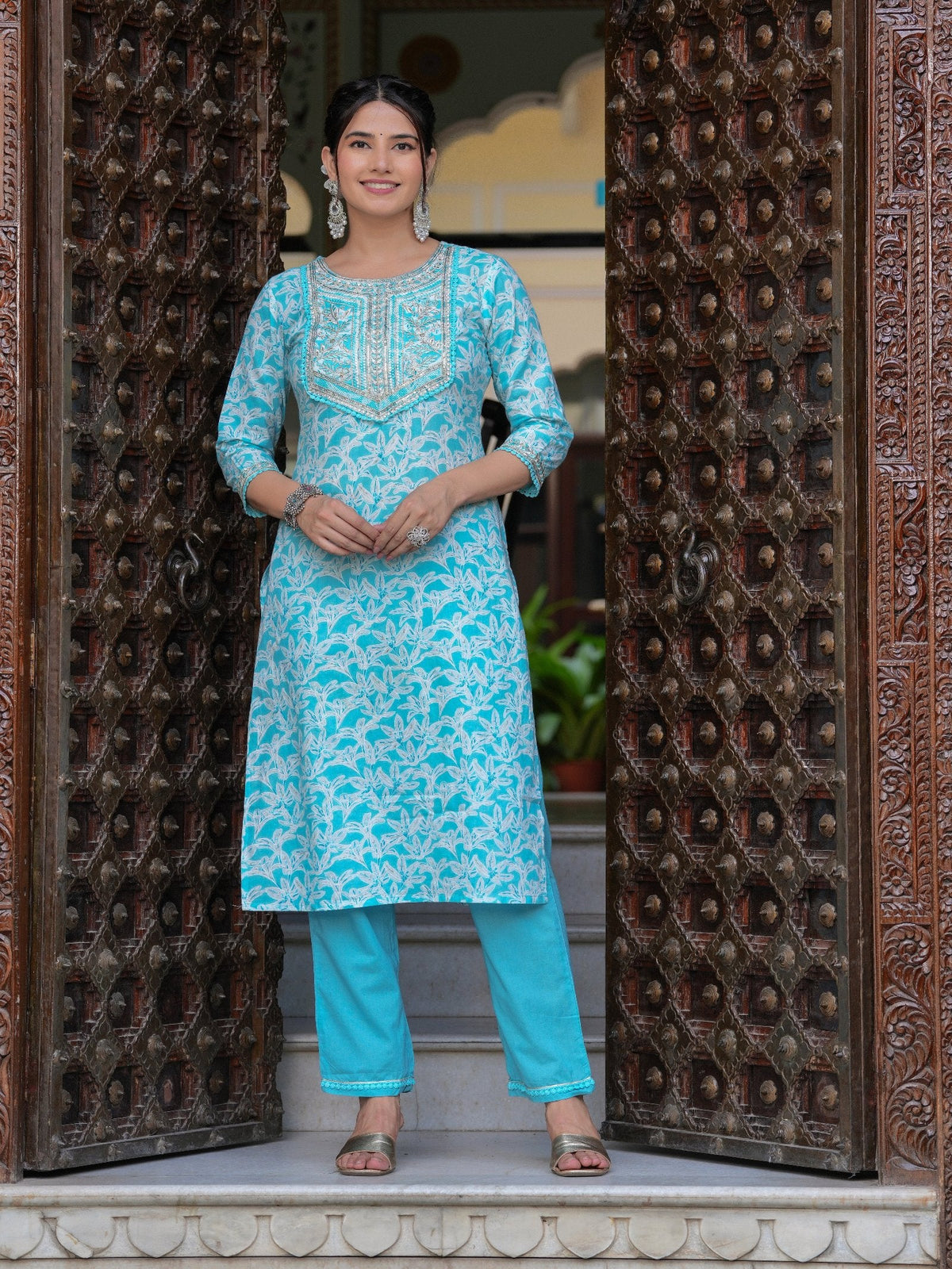 Rangvastra COTTON EMBROIDERY AND SEQUINS WORK KURTA PANT WITH DUPATTA SET