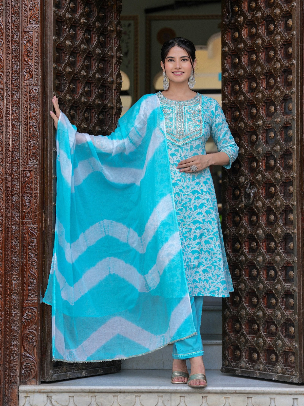 Rangvastra COTTON EMBROIDERY AND SEQUINS WORK KURTA PANT WITH DUPATTA SET
